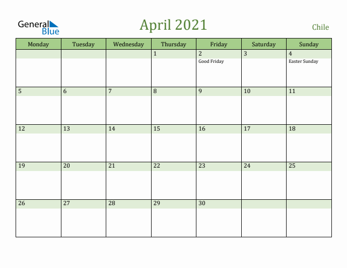 April 2021 Calendar with Chile Holidays