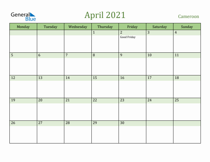 April 2021 Calendar with Cameroon Holidays