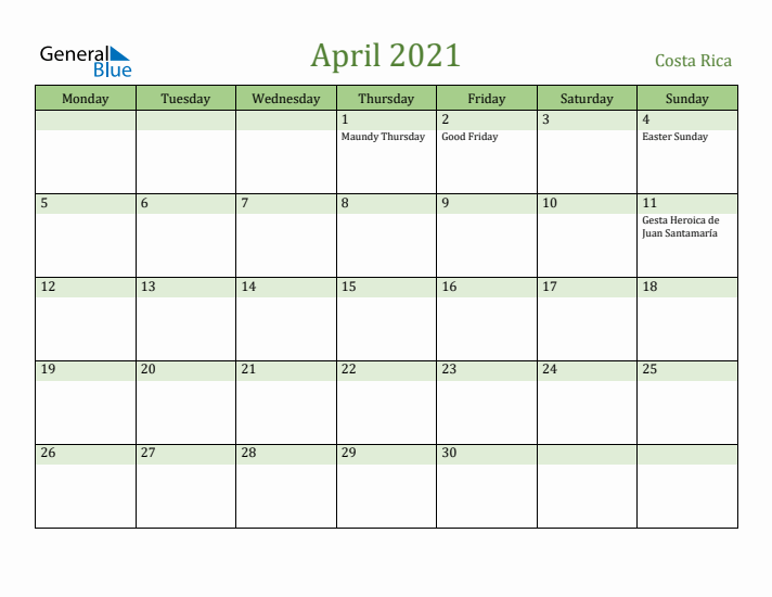 April 2021 Calendar with Costa Rica Holidays