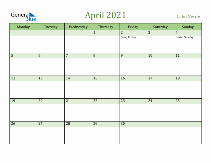 April 2021 Calendar with Cabo Verde Holidays