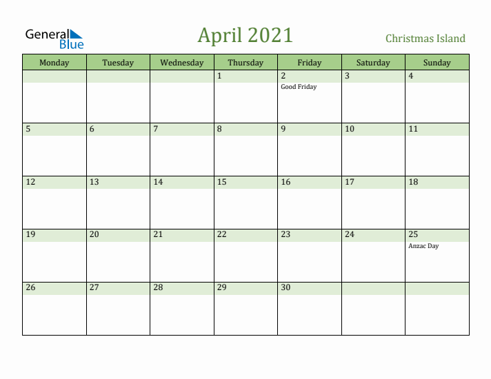 April 2021 Calendar with Christmas Island Holidays