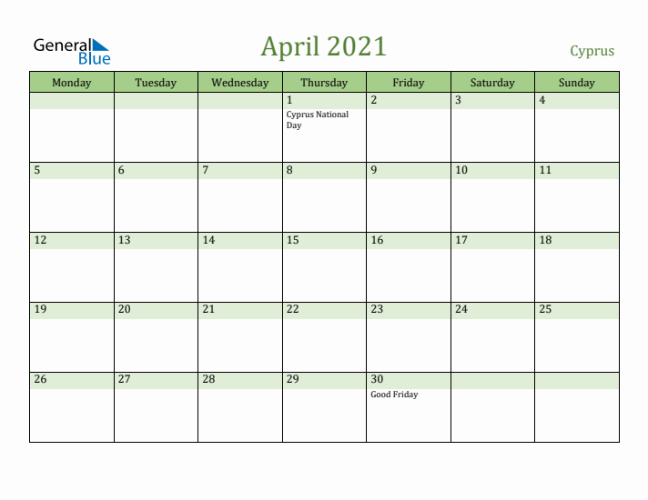 April 2021 Calendar with Cyprus Holidays