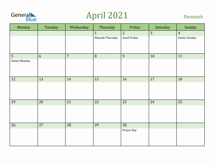 April 2021 Calendar with Denmark Holidays
