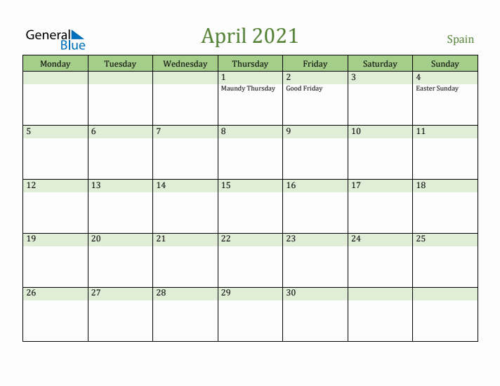 April 2021 Calendar with Spain Holidays