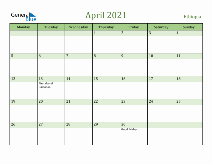 April 2021 Calendar with Ethiopia Holidays