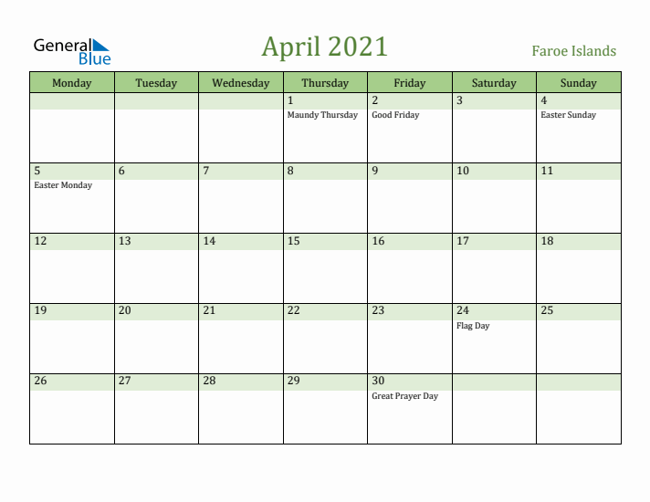 April 2021 Calendar with Faroe Islands Holidays
