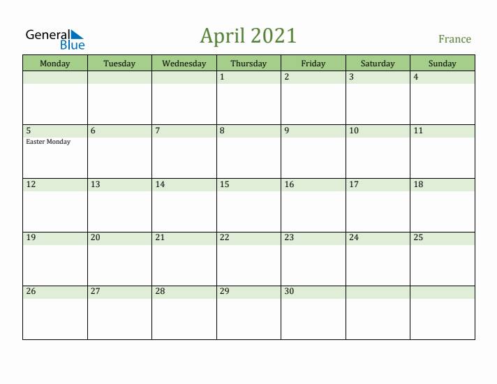 April 2021 Calendar with France Holidays