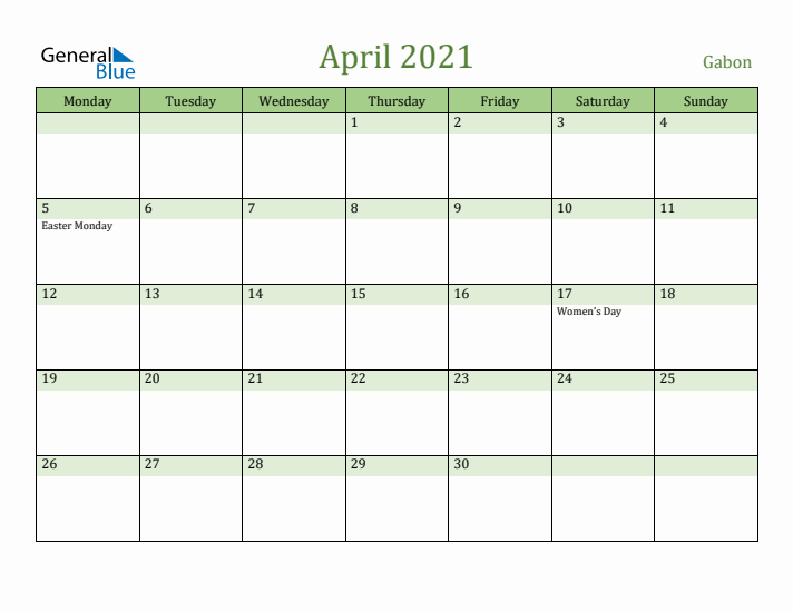 April 2021 Calendar with Gabon Holidays