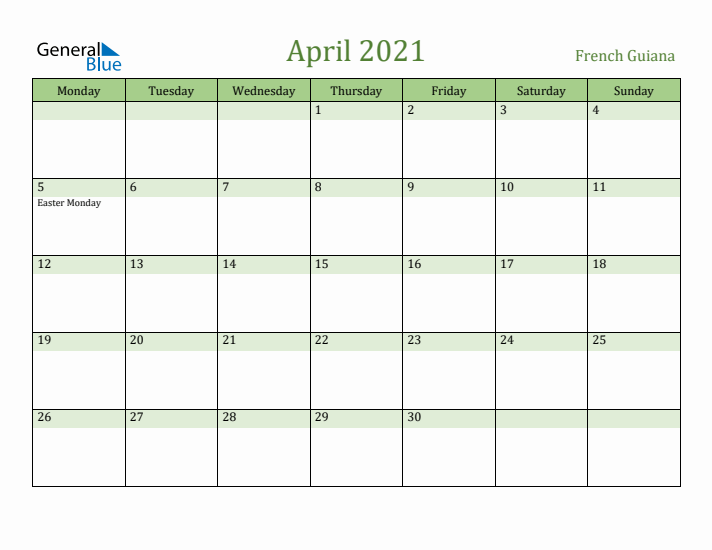 April 2021 Calendar with French Guiana Holidays