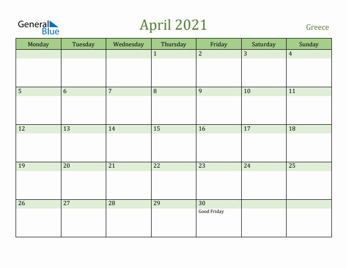 April 2021 Calendar with Greece Holidays
