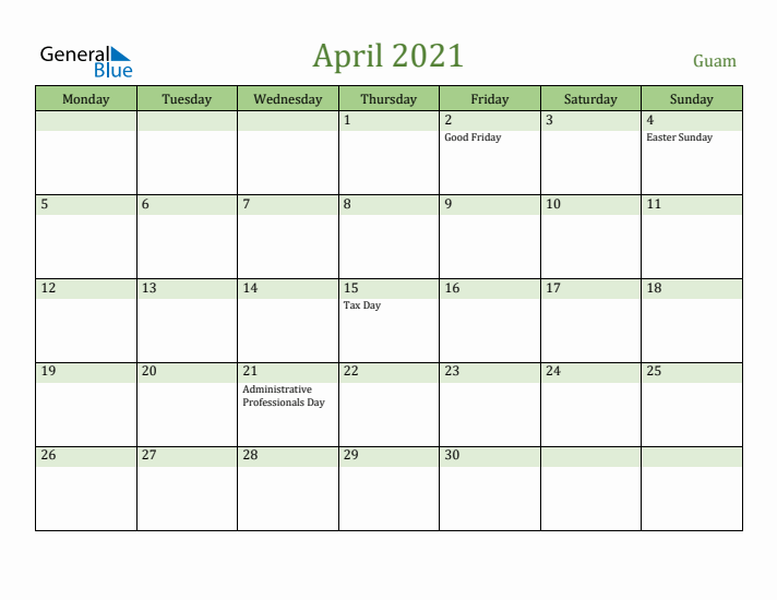 April 2021 Calendar with Guam Holidays