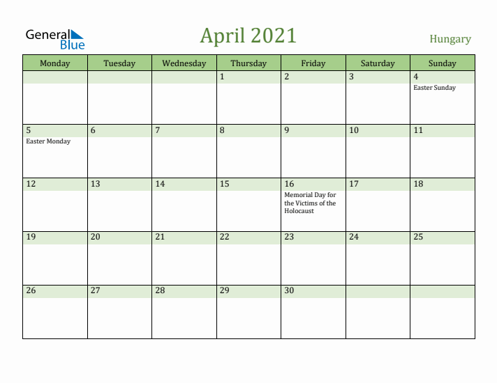 April 2021 Calendar with Hungary Holidays