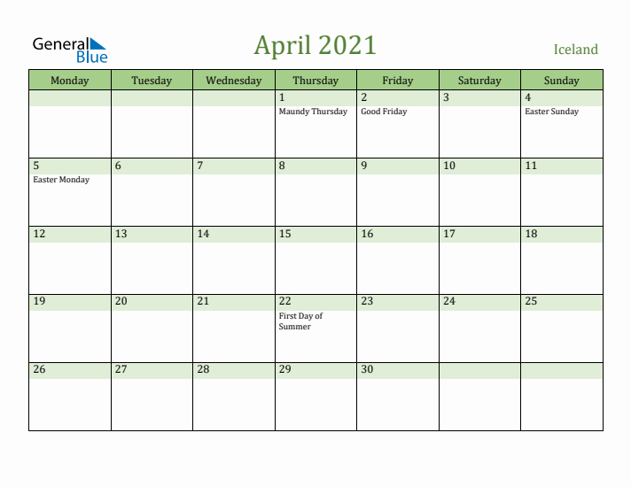 April 2021 Calendar with Iceland Holidays