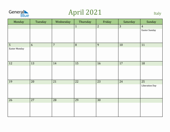 April 2021 Calendar with Italy Holidays