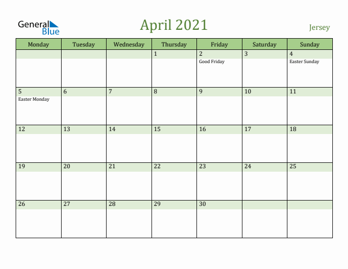 April 2021 Calendar with Jersey Holidays