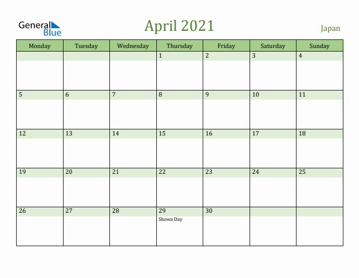 April 2021 Calendar with Japan Holidays