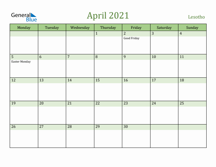 April 2021 Calendar with Lesotho Holidays