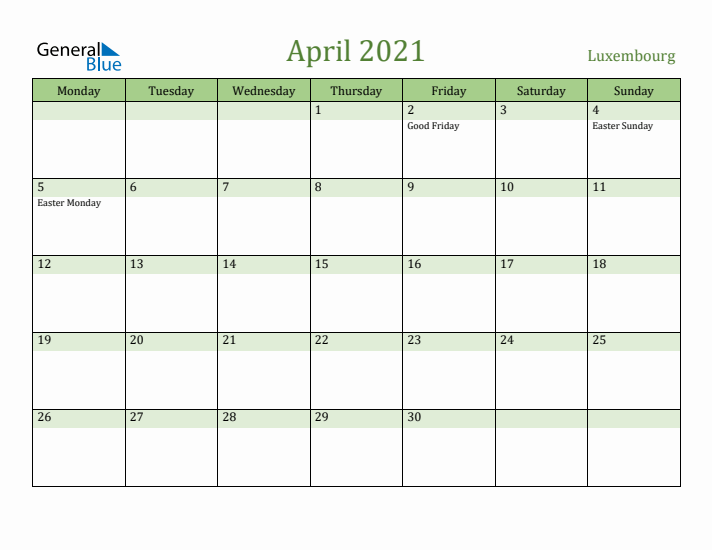 April 2021 Calendar with Luxembourg Holidays