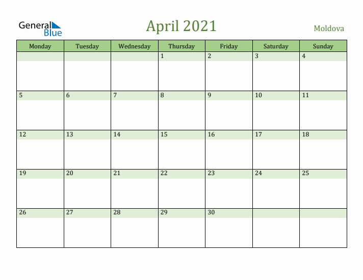 April 2021 Calendar with Moldova Holidays