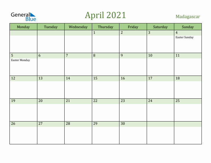 April 2021 Calendar with Madagascar Holidays