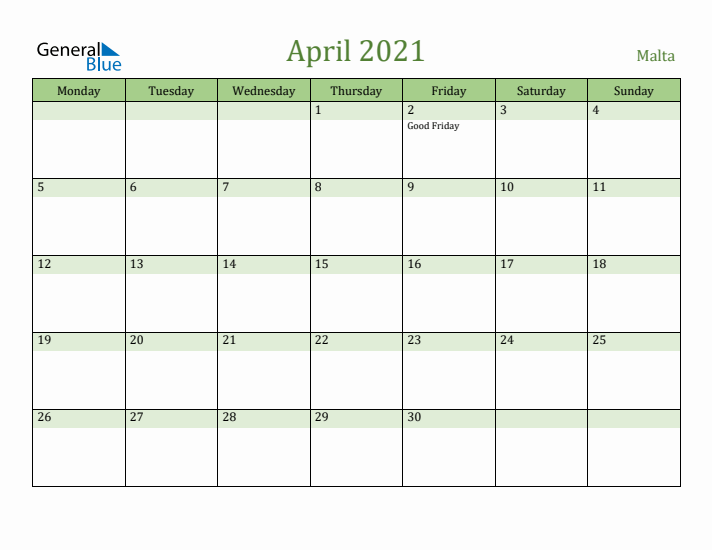 April 2021 Calendar with Malta Holidays