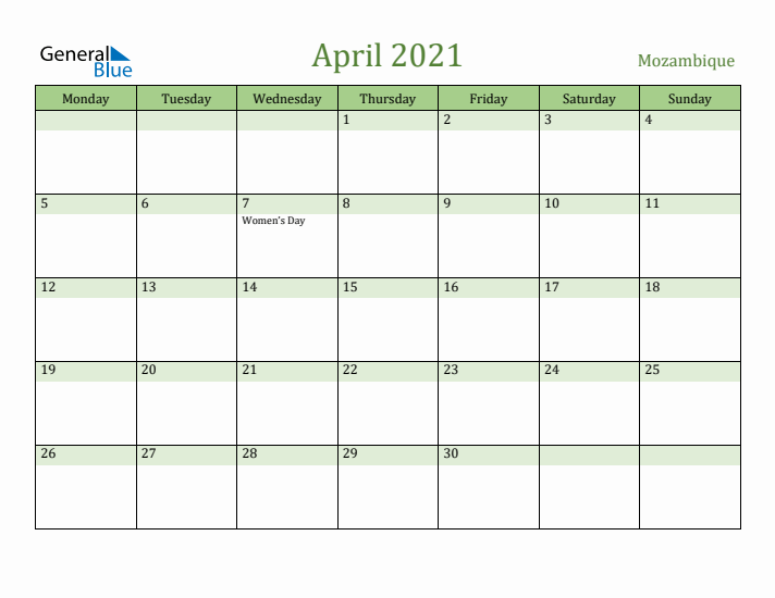 April 2021 Calendar with Mozambique Holidays
