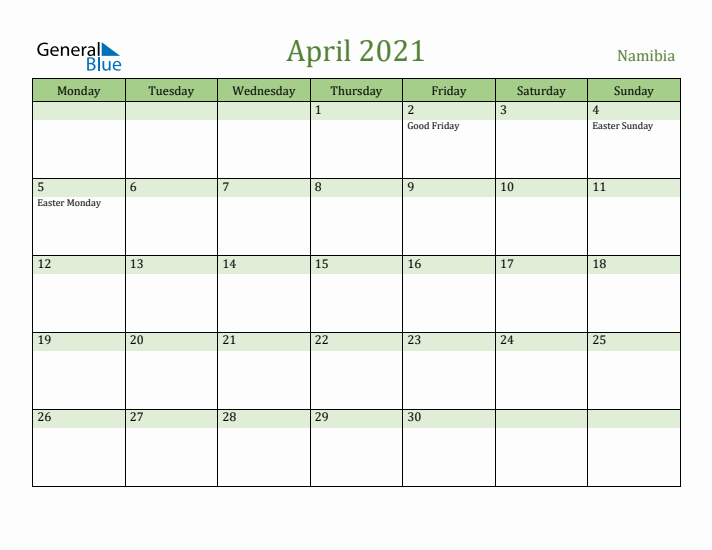April 2021 Calendar with Namibia Holidays