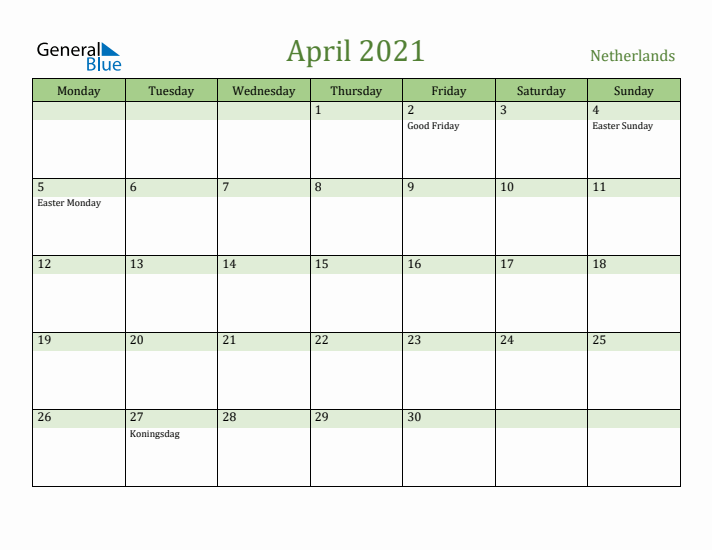 April 2021 Calendar with The Netherlands Holidays
