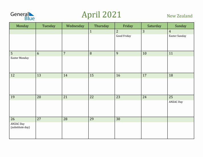 April 2021 Calendar with New Zealand Holidays