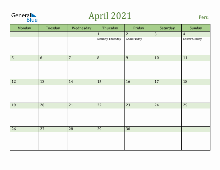 April 2021 Calendar with Peru Holidays