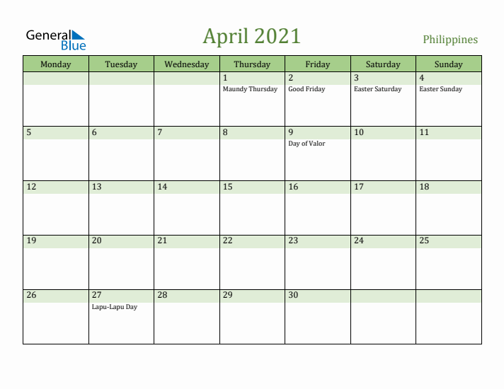 April 2021 Calendar with Philippines Holidays