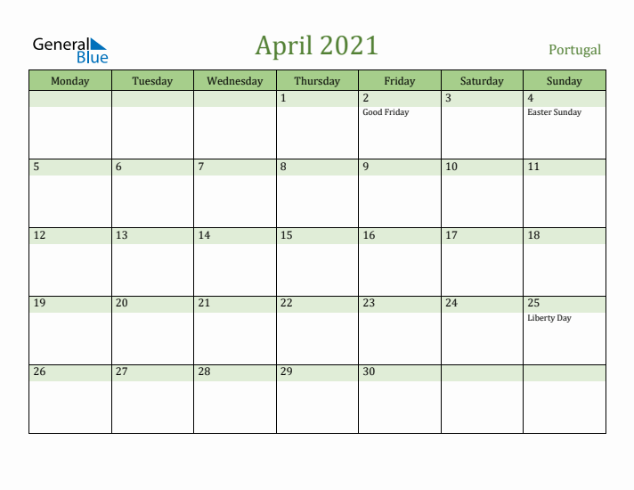 April 2021 Calendar with Portugal Holidays