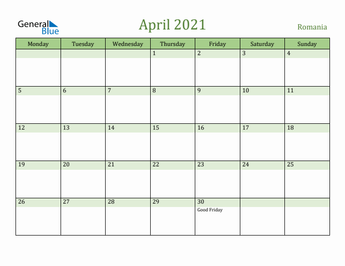 April 2021 Calendar with Romania Holidays