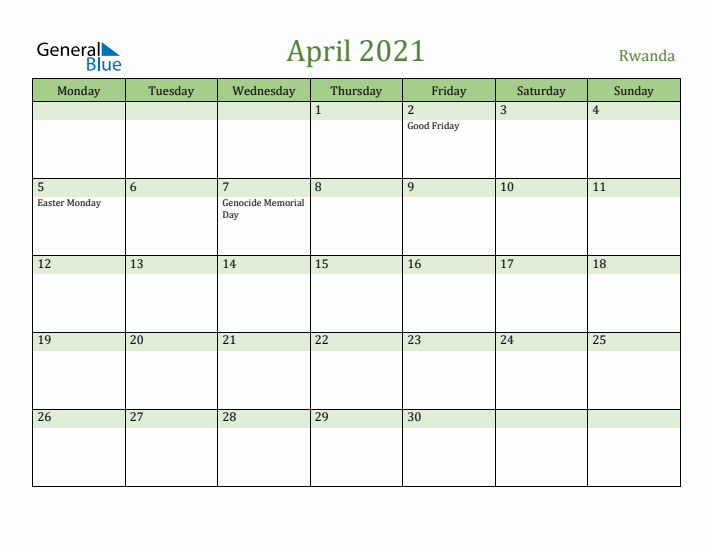 April 2021 Calendar with Rwanda Holidays