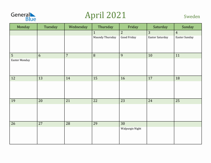 April 2021 Calendar with Sweden Holidays
