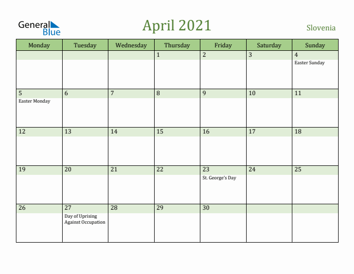 April 2021 Calendar with Slovenia Holidays