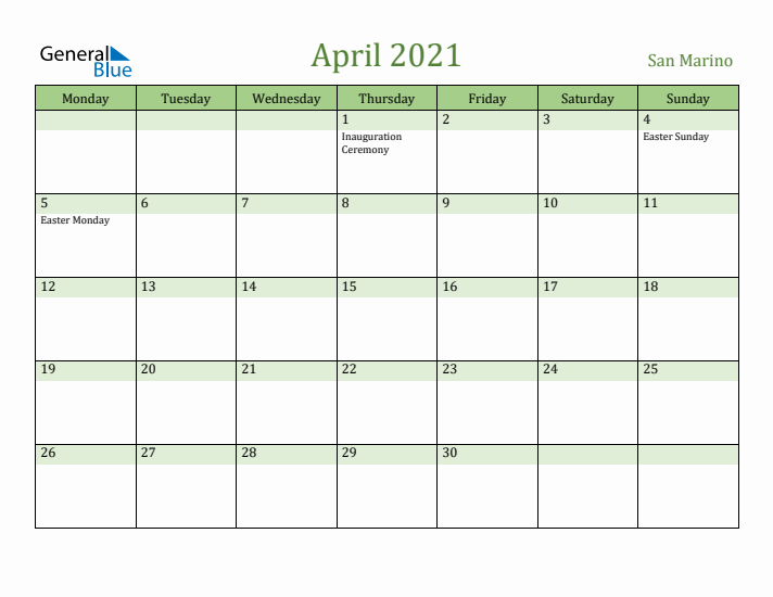 April 2021 Calendar with San Marino Holidays