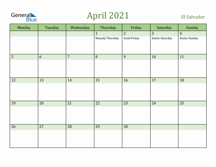April 2021 Calendar with El Salvador Holidays