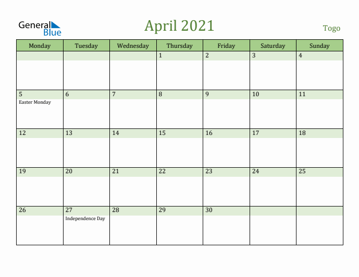 April 2021 Calendar with Togo Holidays