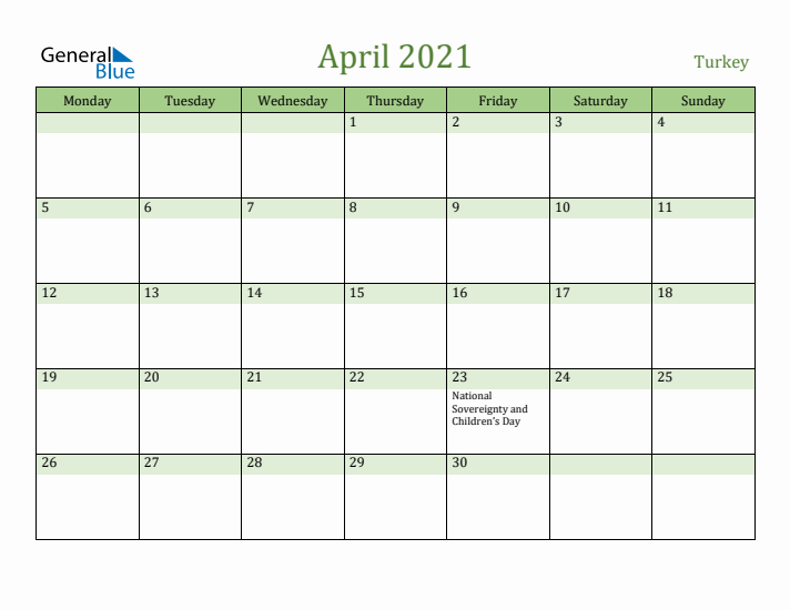 April 2021 Calendar with Turkey Holidays