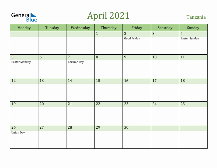 April 2021 Calendar with Tanzania Holidays