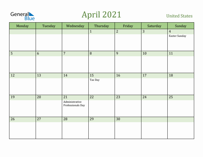 April 2021 Calendar with United States Holidays