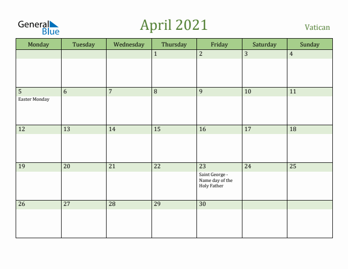 April 2021 Calendar with Vatican Holidays