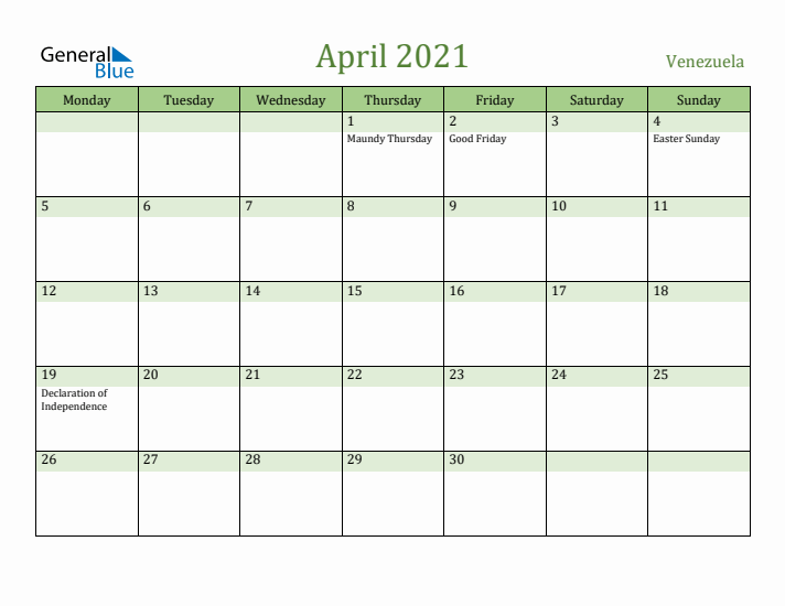 April 2021 Calendar with Venezuela Holidays