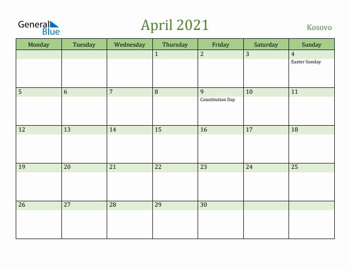 April 2021 Calendar with Kosovo Holidays