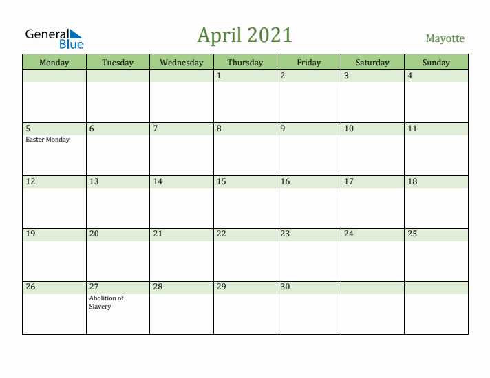 April 2021 Calendar with Mayotte Holidays