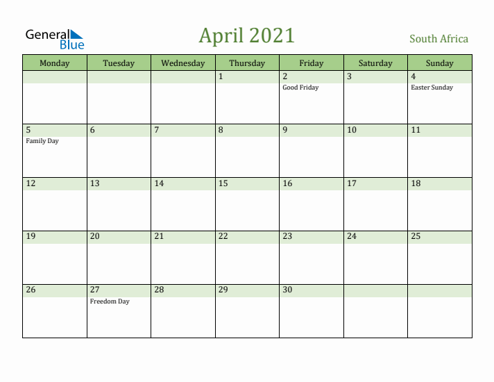 April 2021 Calendar with South Africa Holidays