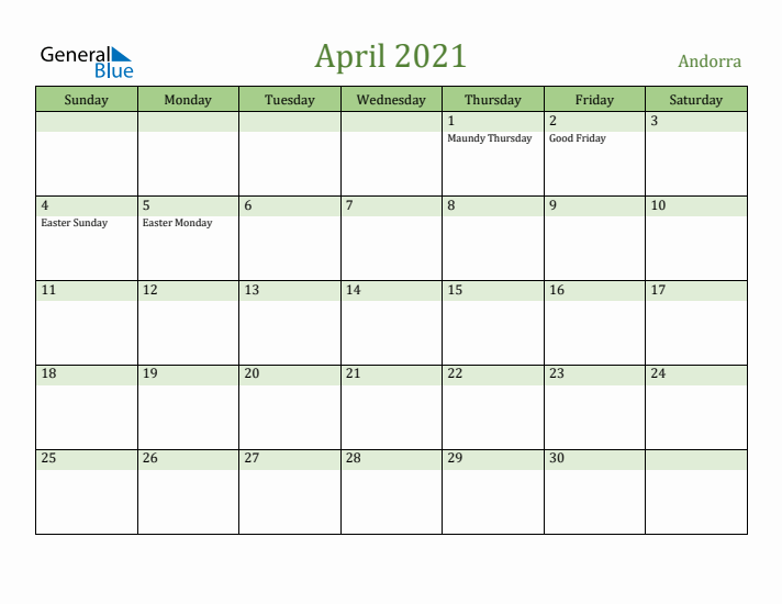 April 2021 Calendar with Andorra Holidays