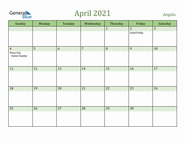April 2021 Calendar with Angola Holidays