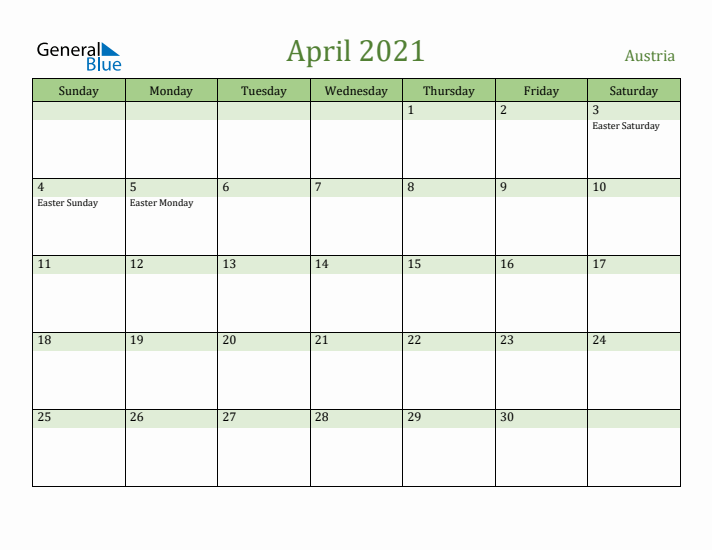 April 2021 Calendar with Austria Holidays